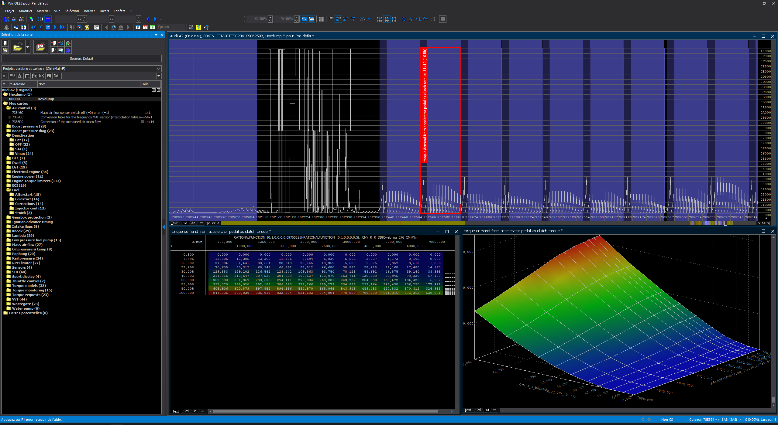 WinOLS mappack interface — identified maps, calibrated axes, organized folders for chiptuning